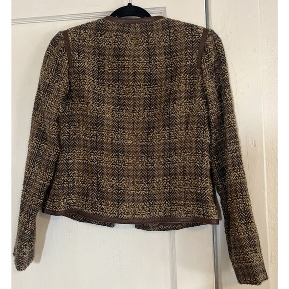 Doncaster Blazer Women's 2 Small Brown Tweed Wool Blend Leather Trim Button Up - Picture 2 of 11